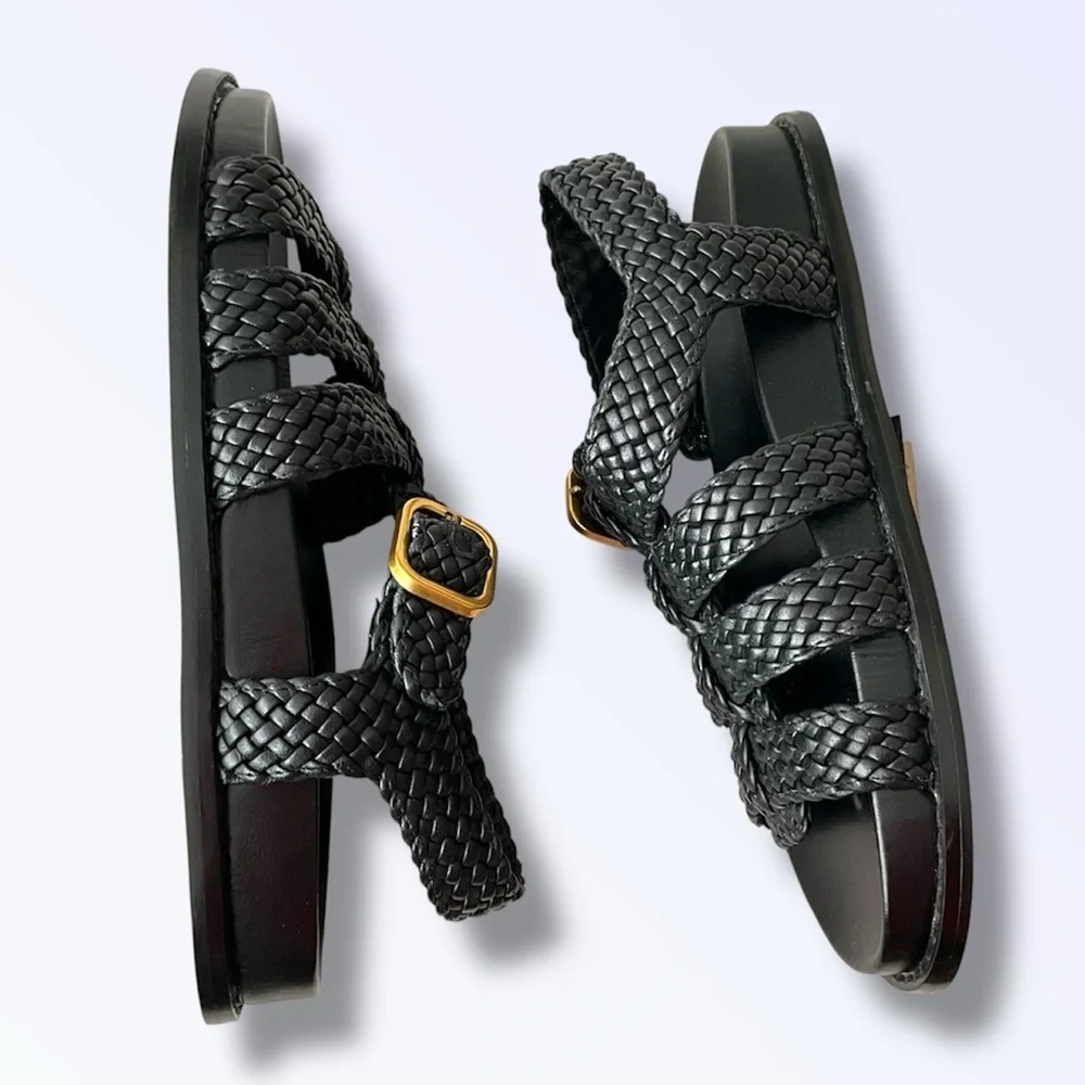 Woven Strap Black Women’s Sandals with Gold Buckle - Picture 8 of 9